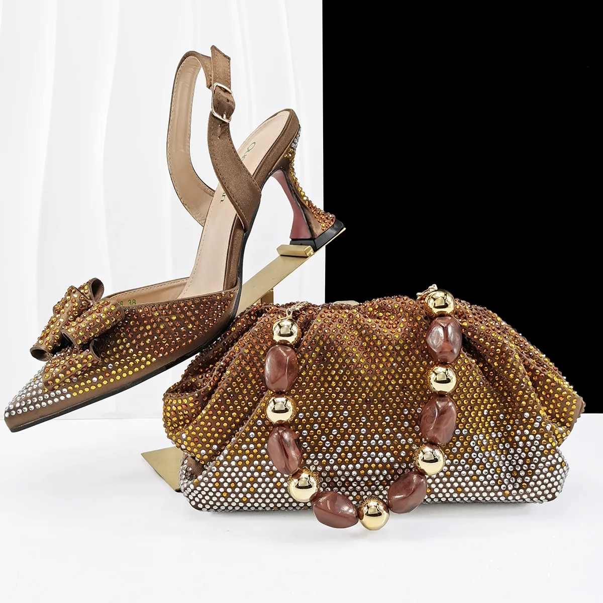 Shiny Italian Fashion Pointed Toe Women High Heel Shoes Mixed Color Effect Rhinestone Decoration Shoes And Bag Set 59-13