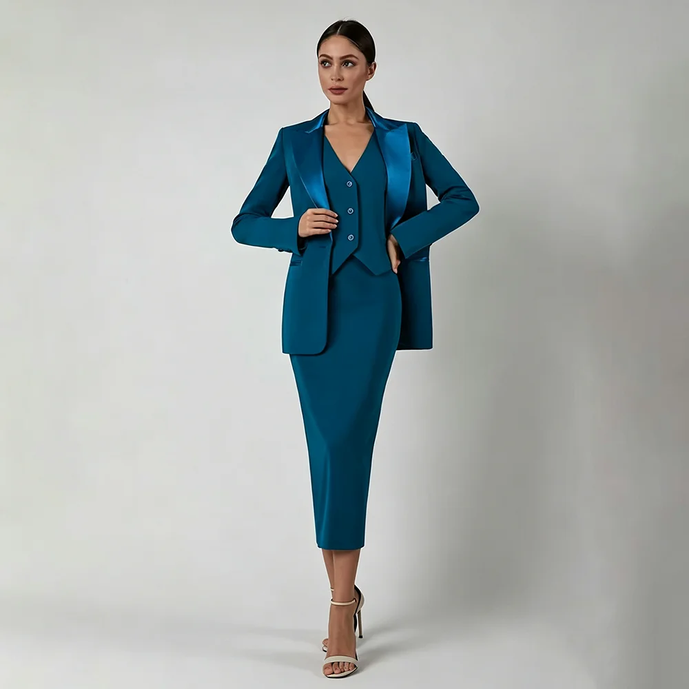 Women 3 Piece Suit With Satin Peak Lapel Slim Fit Blazer Vest Skirt Professional Customized Prom Outfit Wedding Guest Tuxedos