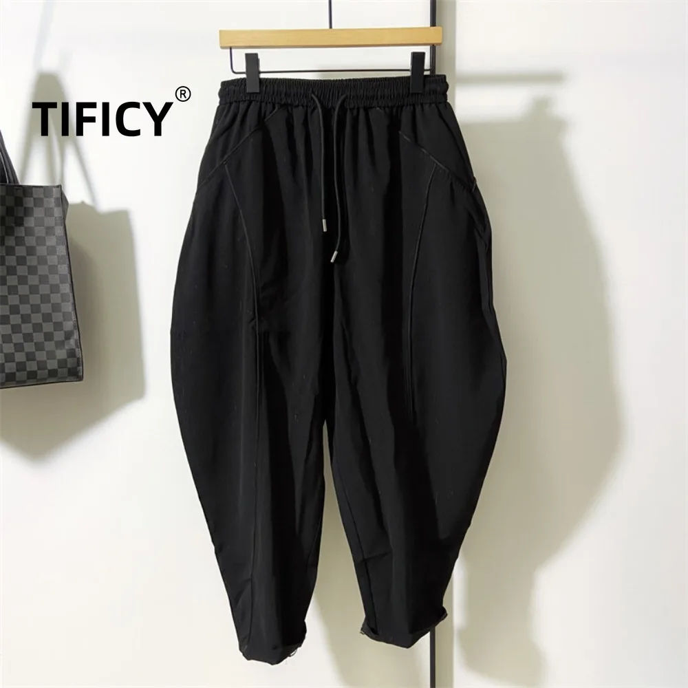 High Street Summer Dark Pants Men's Line Splicing Design Hanging Crotch Small Feet Harem Pants Big Crotch and Baggy Pants