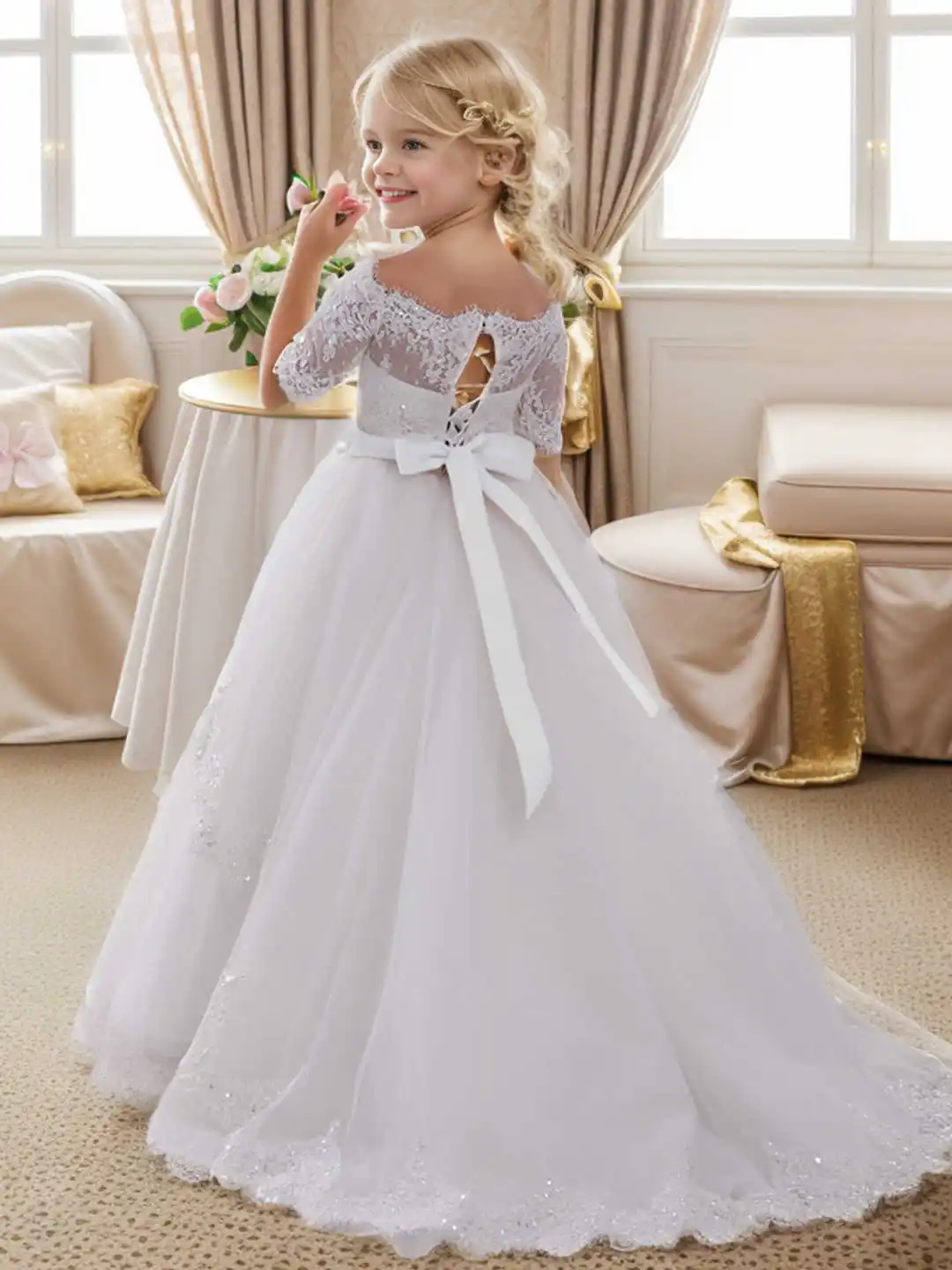 White Off Shoulder Flower Girl Dress Lace Sequin Tulle Ball Gown with Bow Back Corset Train Pageant Dress