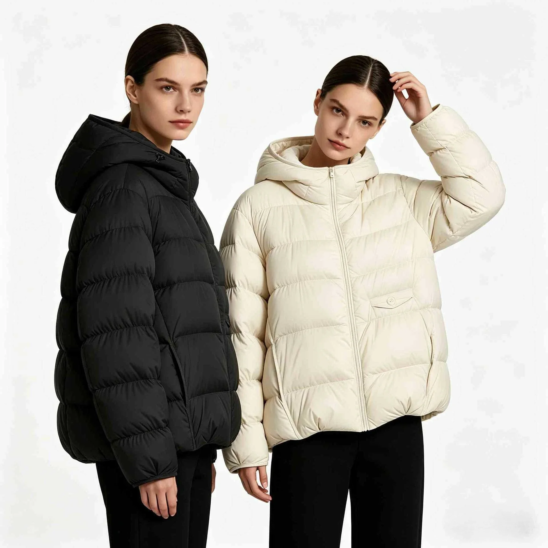 Hooded Winter Jacket for Women Thick Warm Puffer Coat with High Neck Zip Front Loose Fit Horizontal Quilting Short Padded Jacket