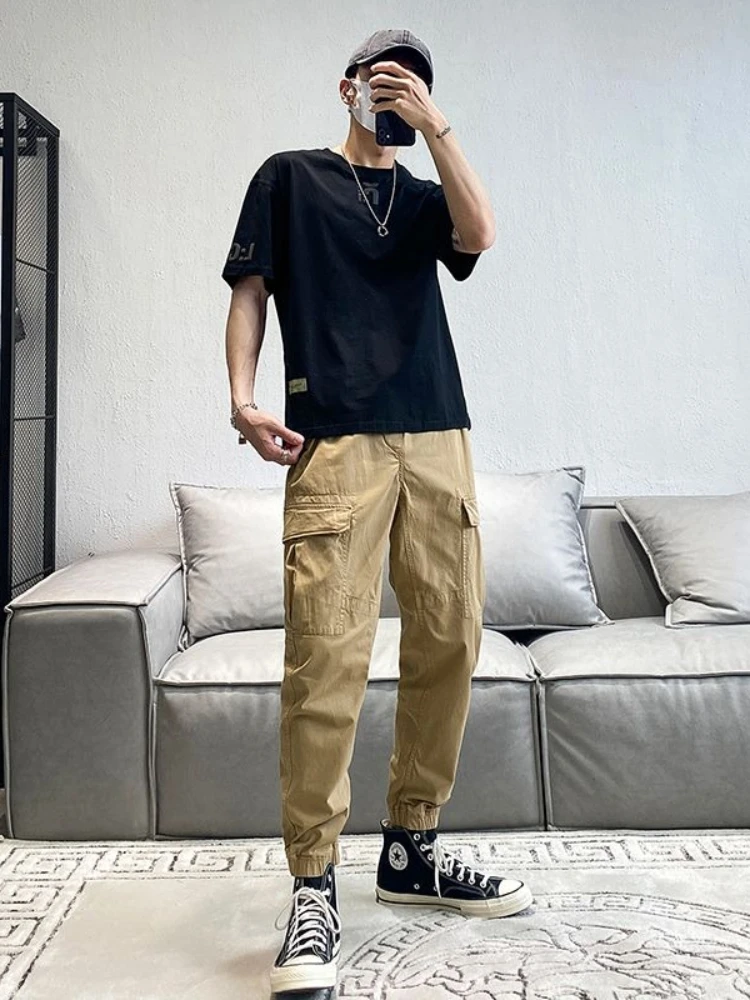 2026 Men's Fall Japanese Style Loose Cargo Pants Cotton Tapered Casual Trousers Streetwear