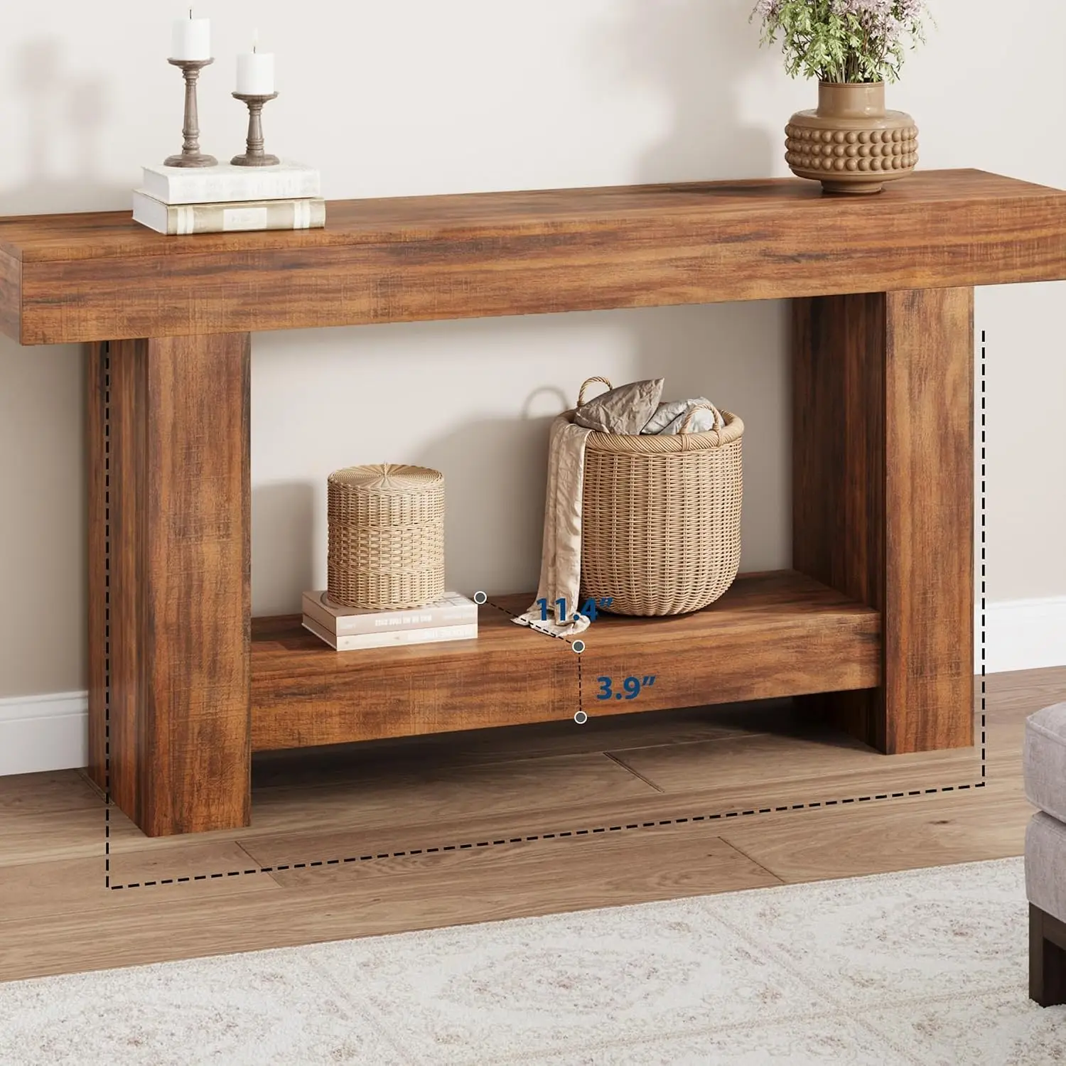 63" Farmhouse Console Table 2-Tier Entryway Sofa Table H-Base Narrow Wood Hallway Accent Table, Customized
