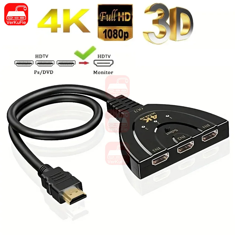 3-in-1 Out Video Splitter 4K 3D High Definition Output HDTV Switch One-Key Switch Signal Transfer for Household Visual Sharing