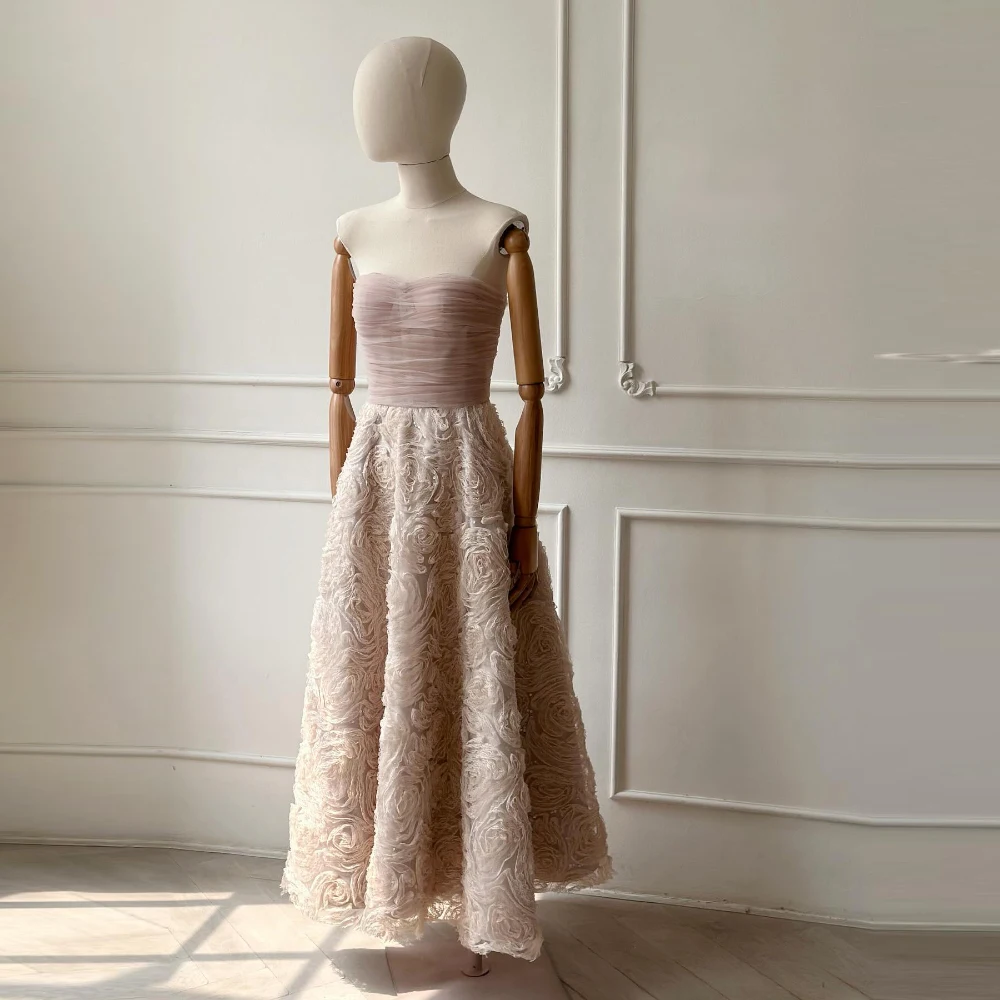 Charming Strapless Evening Dress Romantic Flowers Customized Special Occasion Gowns Temperament Tulle Homecoming Dresses