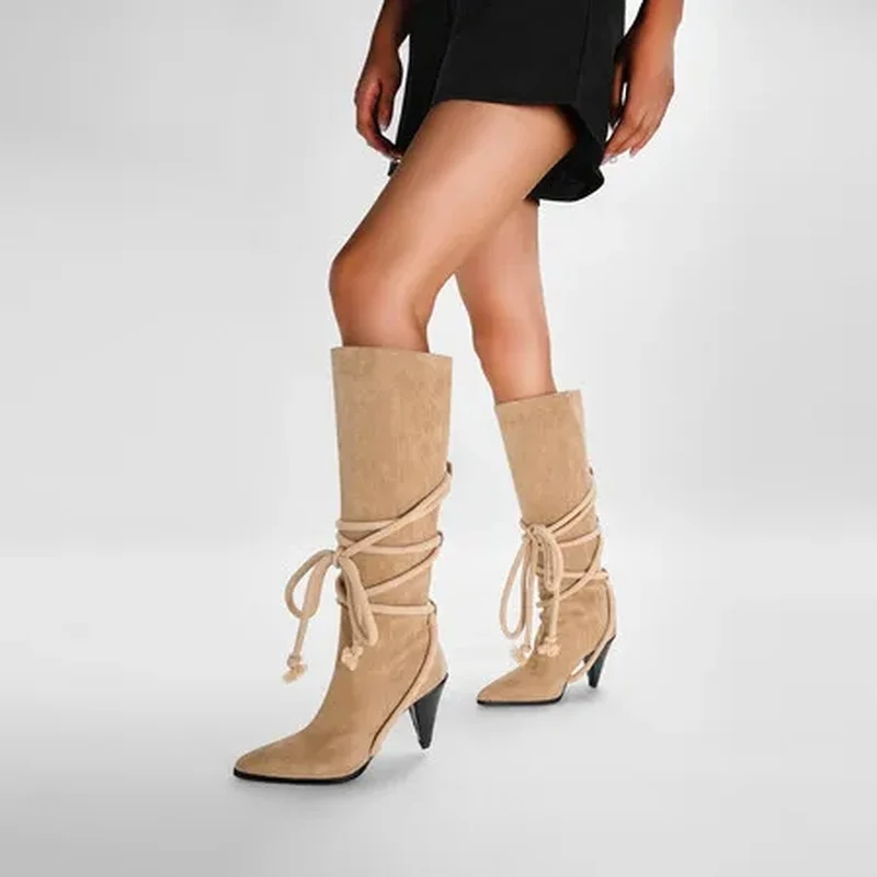 Artisan Rope Detail Suede Boots 9cm Chunky Heel Knee High Boots (Beige) Bohemian Fashion Elegant Boots Women Shoes F635