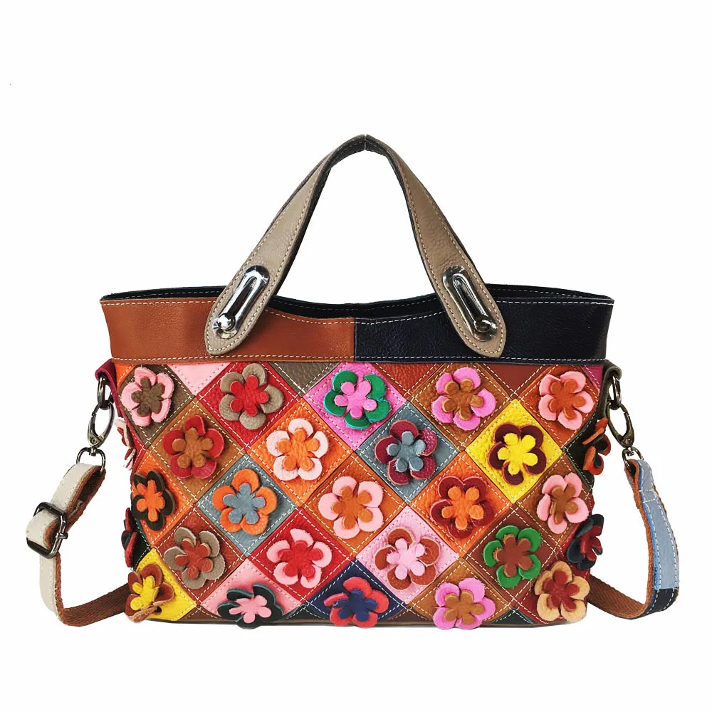 Women's Bag Hand-spliced Colored Plaid Handbag Shoulder Messenger Bag Flower Women's Bags