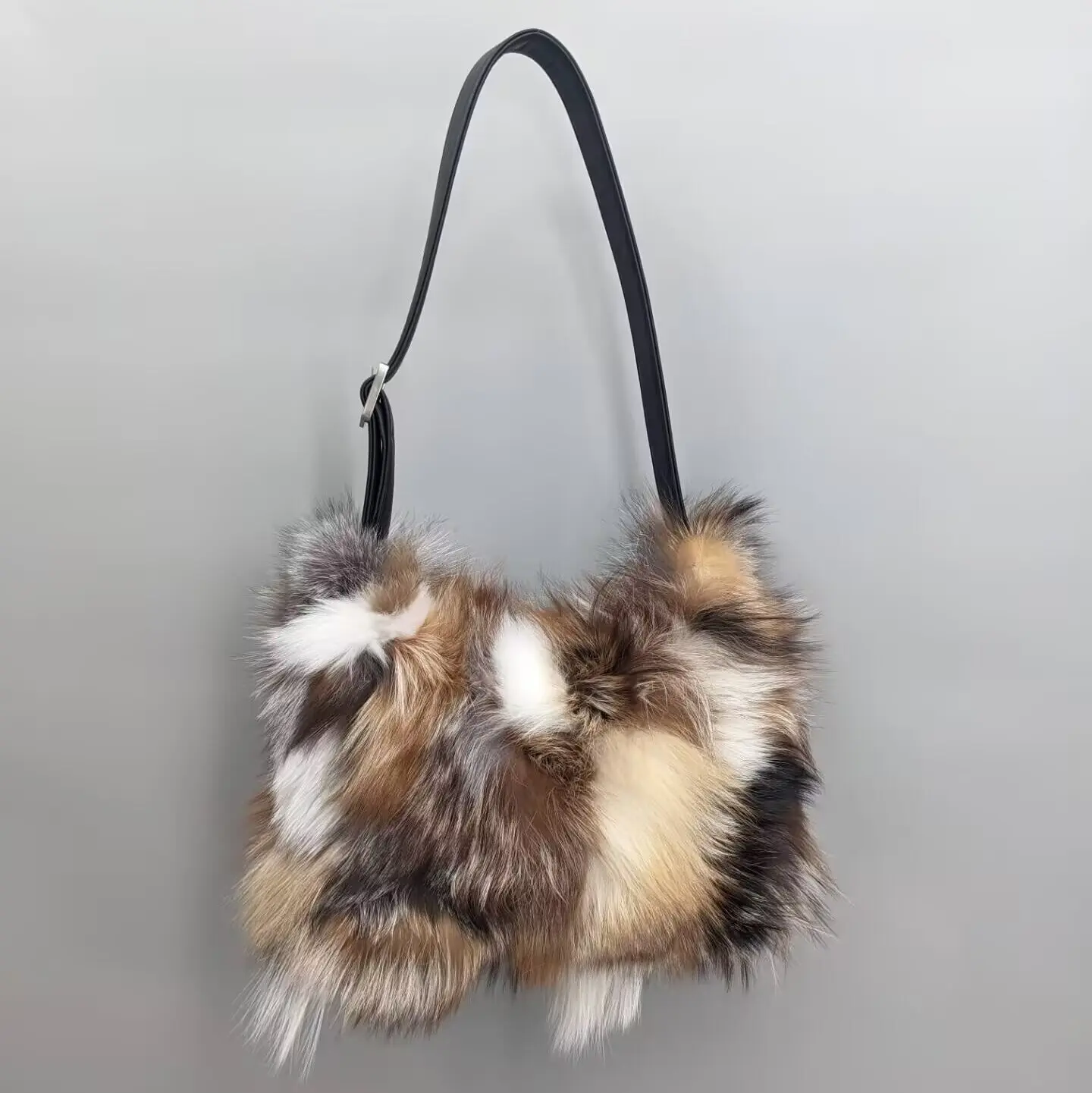 Women Mixed Natural Color Patchwork Real Fox Fur Flap Crossbody Bag Fluffy Fur Shoulder Handbag 24A0916