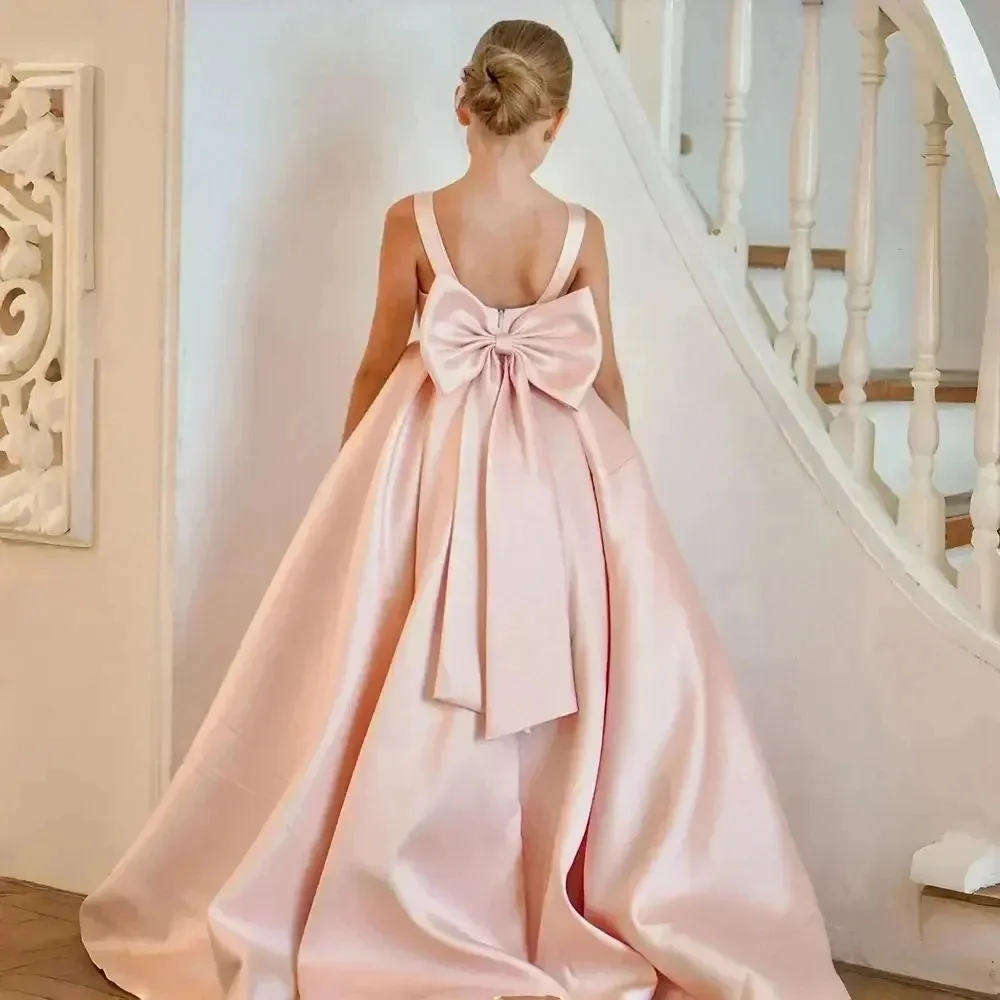 DROIS Satin Wedding Party Dresses for Kids Bow Simple Flower Girl Dresses Birthday Long Dress Floor Length First Communion Dress