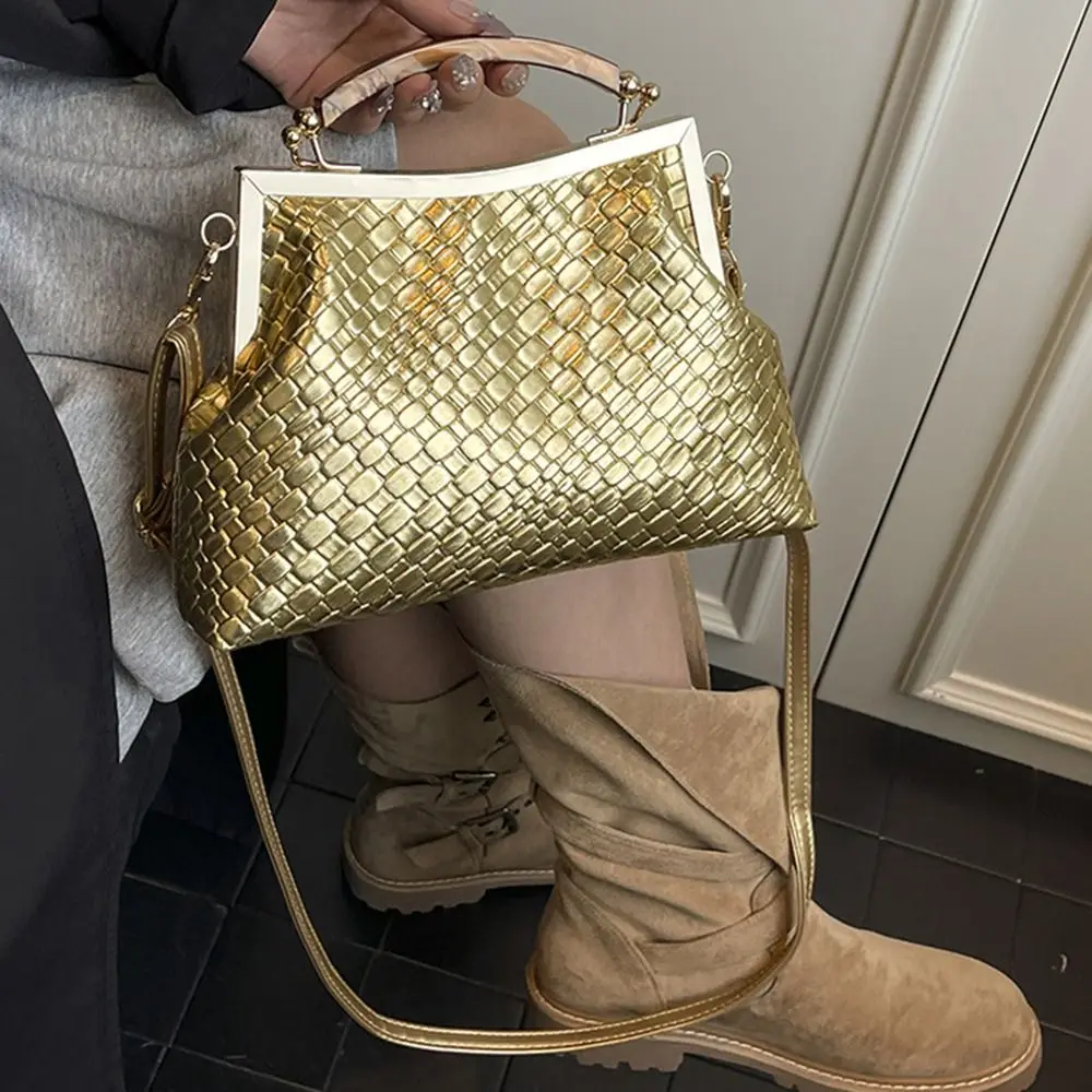 New PU Leather Women Shoulder Bag Woven Casual Crossbody Bag Retro Large Capacity Clip Lock Handbag Daily Use