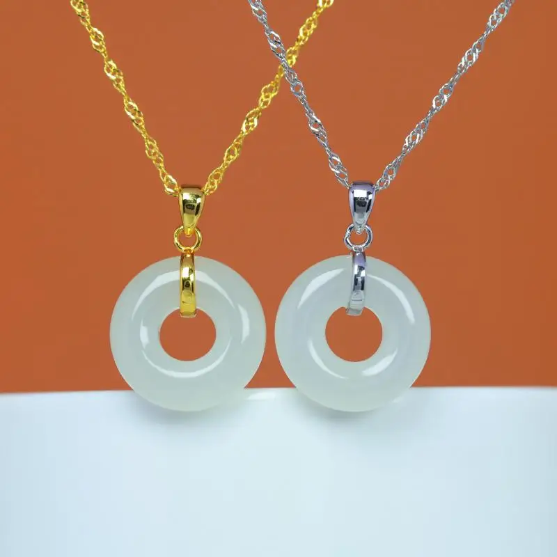 Genuine China Nephrite Stone White Hetian Jade Donut Pendant 925 Silver Necklace Women Certified Jewelry Girlfriend Mom Gifts