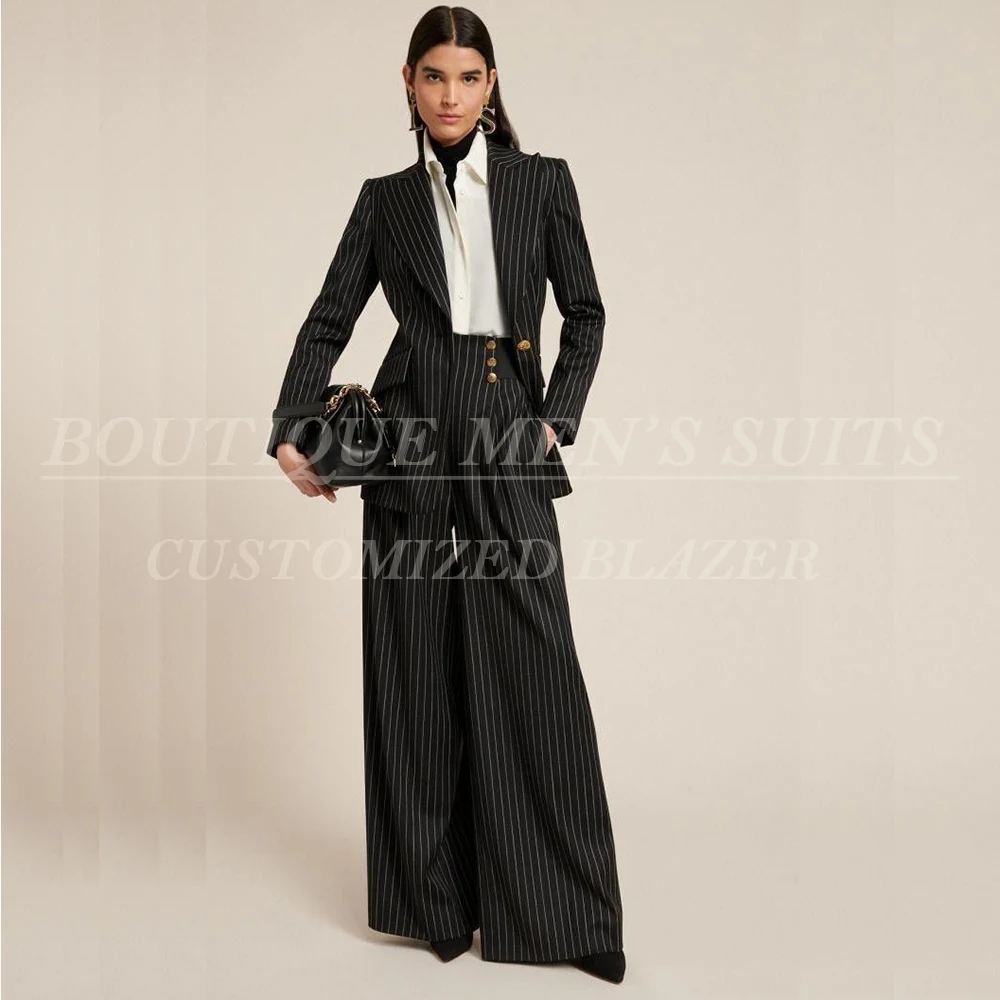 Customzied Black Stripe Women Suits Formal One Button Peak Lapel Slim Fit 2 Piece Jacket Pants Sets Fashion Office Lady Blazer