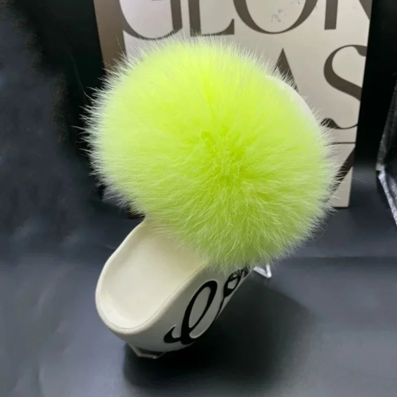 Fox Fur Slippers Shoes for Women Sandals Fur Slides Women's Slippers Fluffy Thick-soled Women's Sandals Trend 2026 EVA Slides