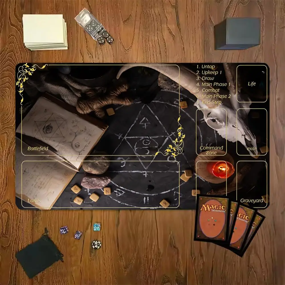 Occult Goat Skull Spell Book Rune Candle Pentagram MTG Playmat TCG Mat Anti-Slip Durable Stitched Edge 35X60CM Gaming Desk Mat