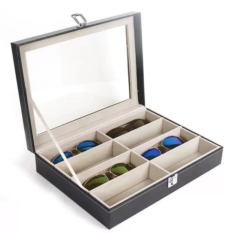 8 Grids Black PU Jewelry Glasses Box with Glass Cover Sunglass Display Organizer Case Storager