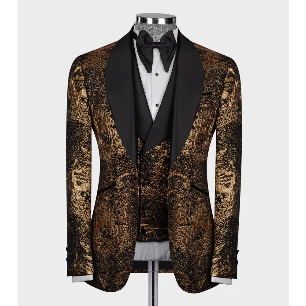 Jacquard Elegant Men's 3 Piece Suit Set Wedding Groom Tuxedo Jacket Pants Vest Formal Party Dress