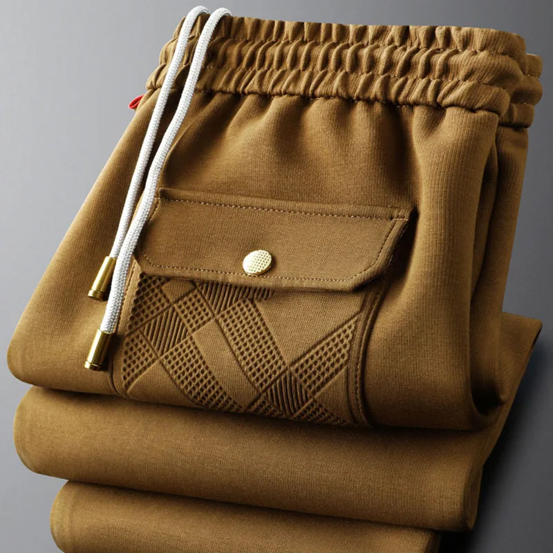Fall fashion khaki casual sweatpants men's corset knit men's flip pocket sweatpants trend