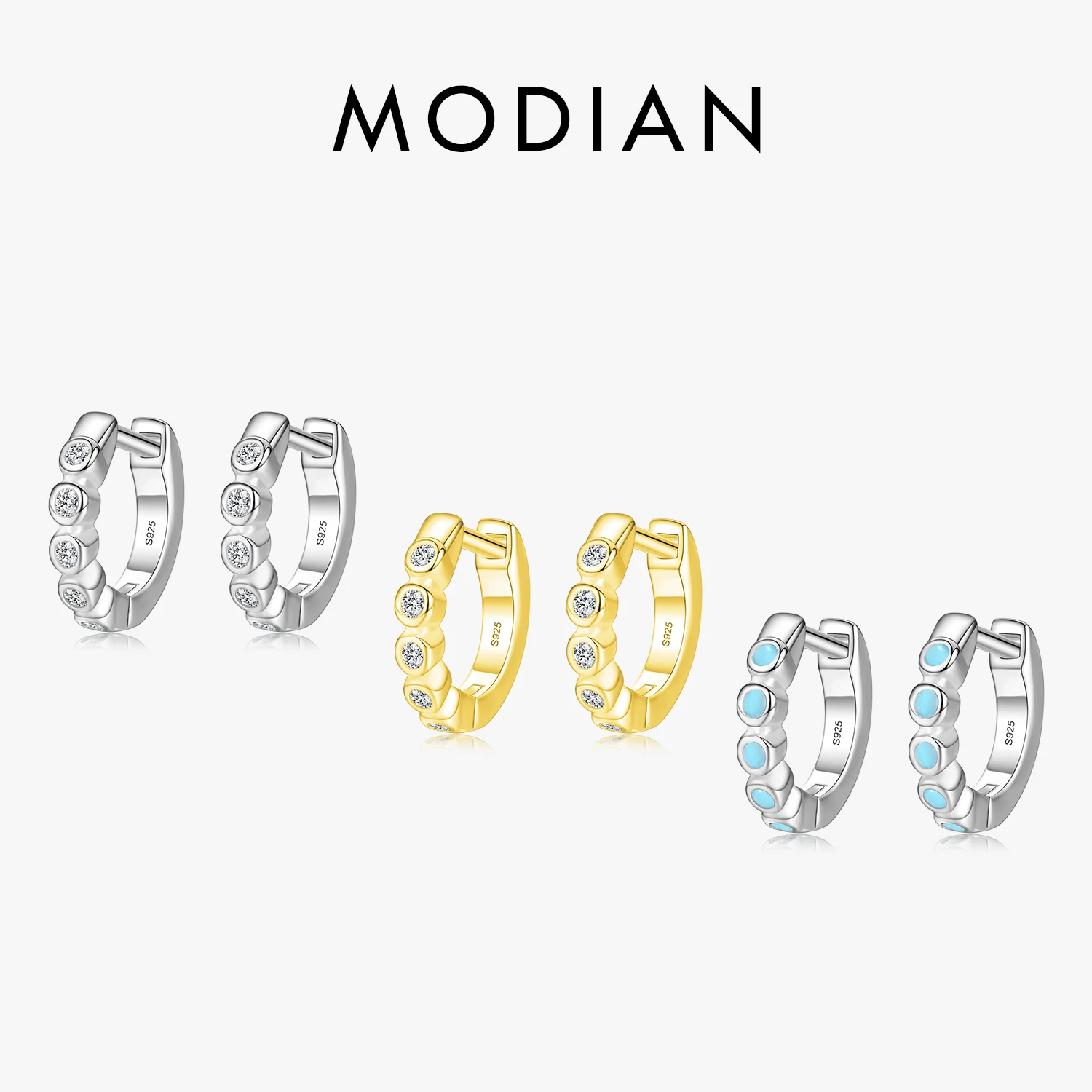 Modian Silver Turquoise Tiny Earring Real 925 Sterling Silver Round Clear CZ Hoop Earrings For Women Girl Party Fine Jewelry