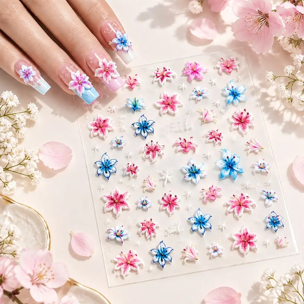 1Pc Nail Sliders 5D Embossed Lily Floral Flower Self Adhesive Decals Stickers UV Gel Acrylic Press On Nails Manicure Supplies