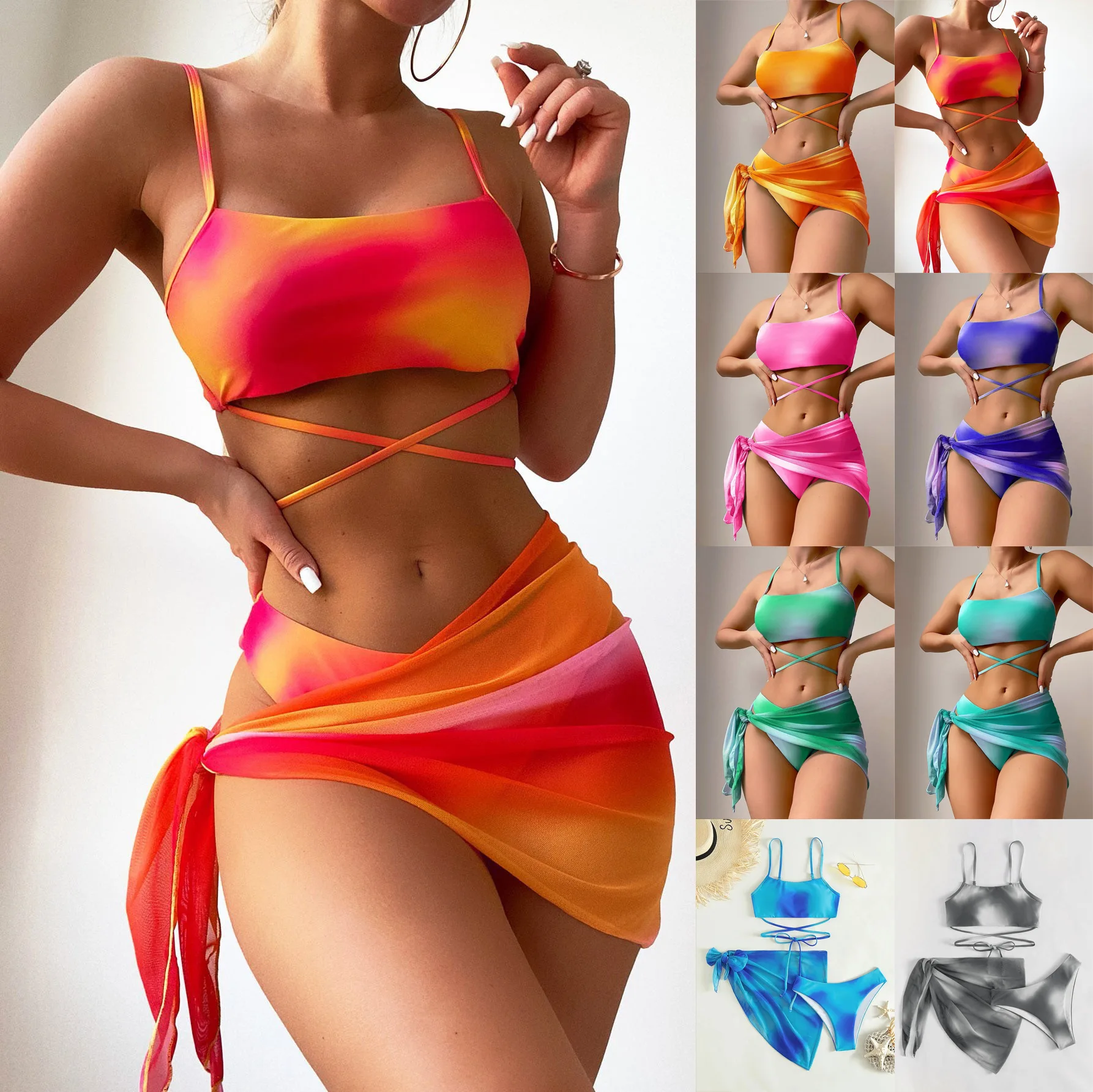 Bathing Suit Women European And American Tie-dye Bikini Swimsuit Women's Three-piece Mesh Skirt Split Bikini Swimsuit