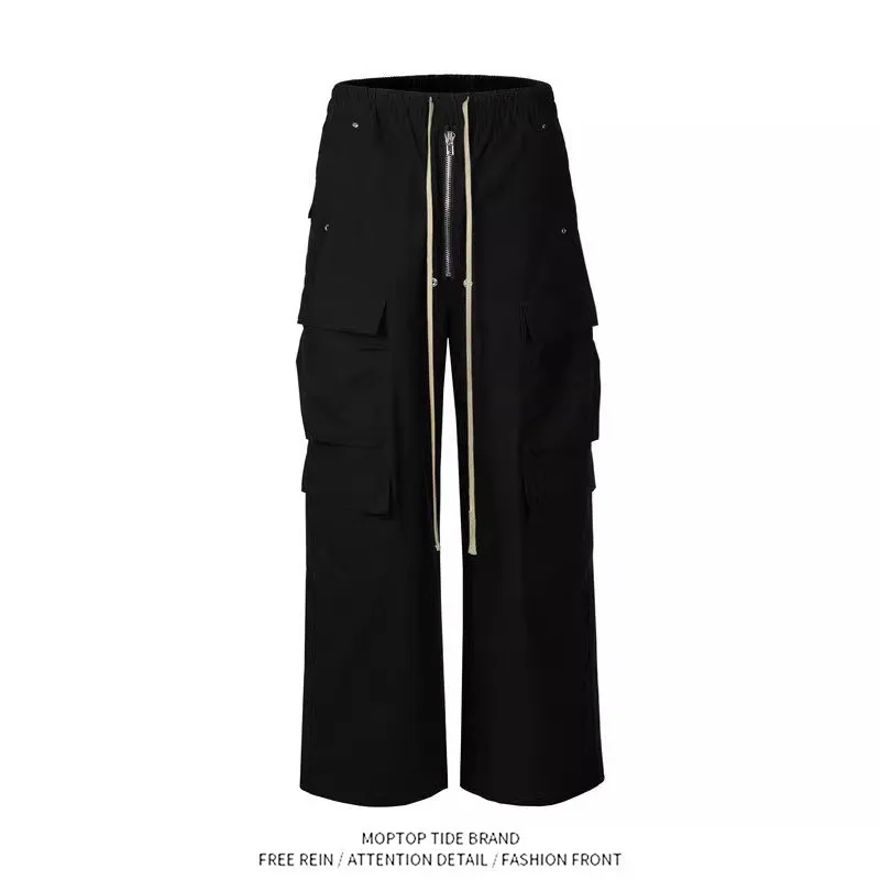 Dark RO Style 2026 New Large Pocket Zipper Workwear Design Loose Elastic Waist American Loose Wide Leg Casual Long Pants
