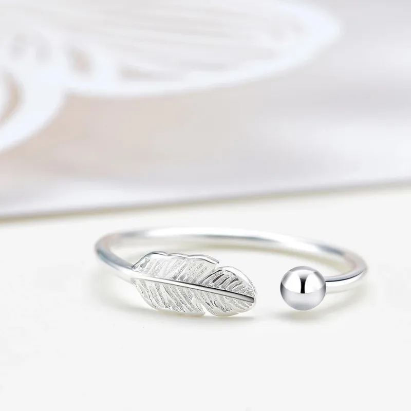Buyee 925 Sterling Silver Fashion Ring Finger Light White Simple Open Ring for Women Men Trend Feather Fine Jewelry Circle