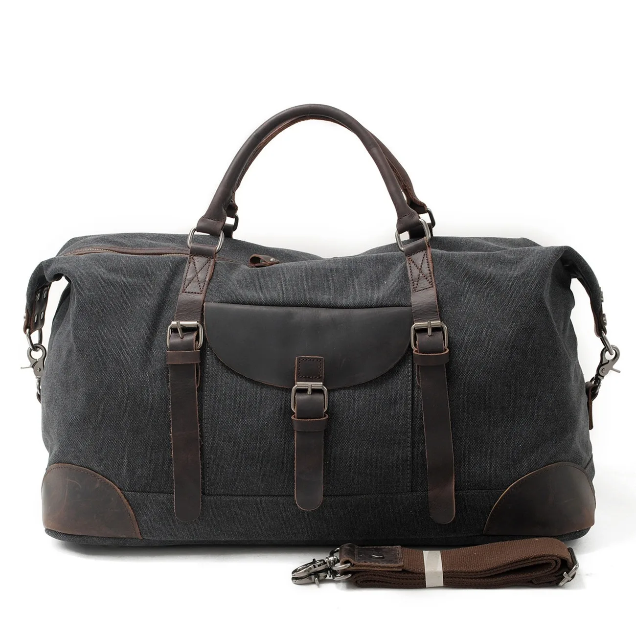 Retro Canvas Leather Travel Duffel Bag, Front Buckle Pocket TopHandles Adjustable Crossbody Strap, Overnight Gym Luggage for Men