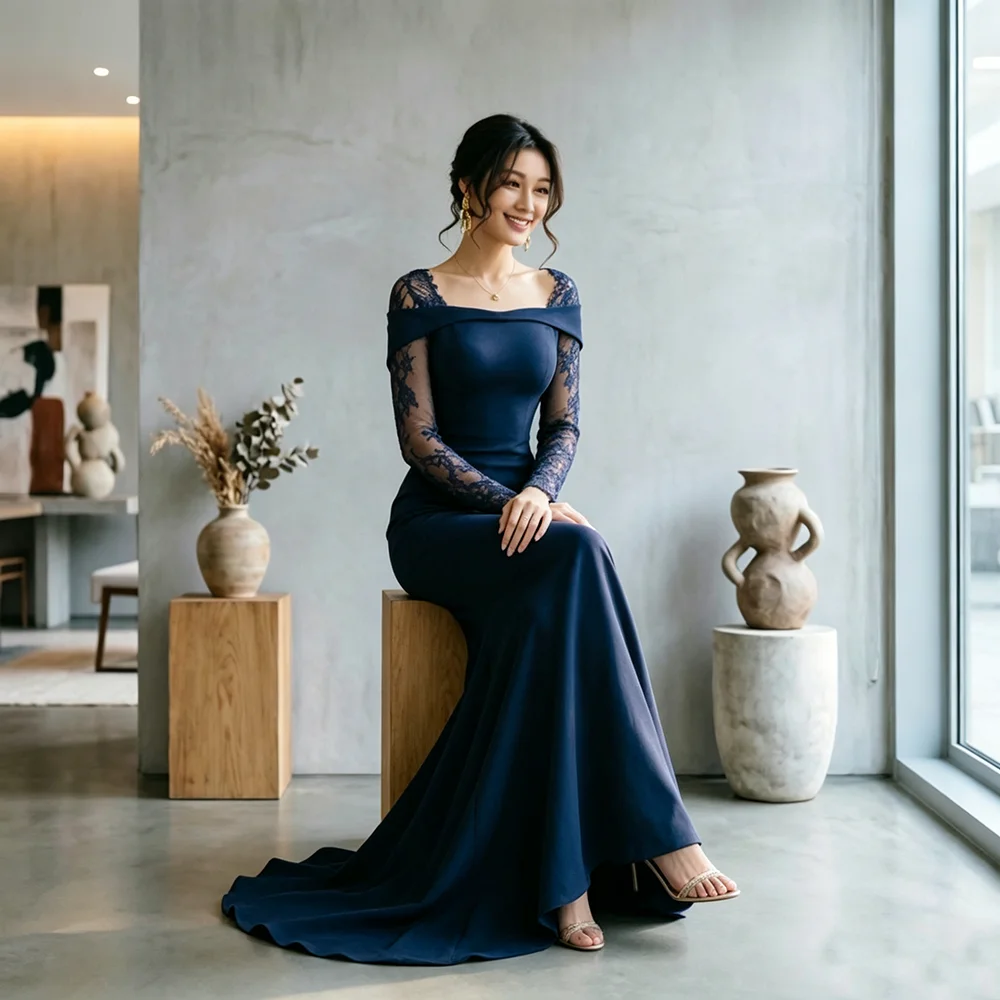 Eightale Arabic Evening Dress Prom Gown Customized Black Scoop Lace Long Sleeves Wedding Party Dress Mermaid Robes De Soire
