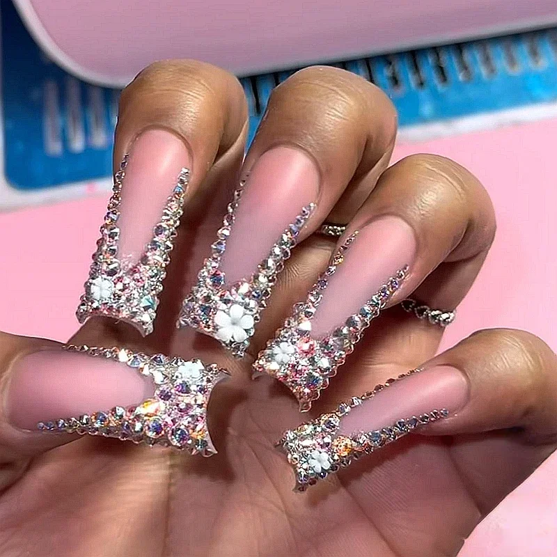 10PCS Handmade Bling Rhinestone Press On Nails XXL Long Square Stickers XL Fake Nail With Glue  Acrylic False Nails Supplies