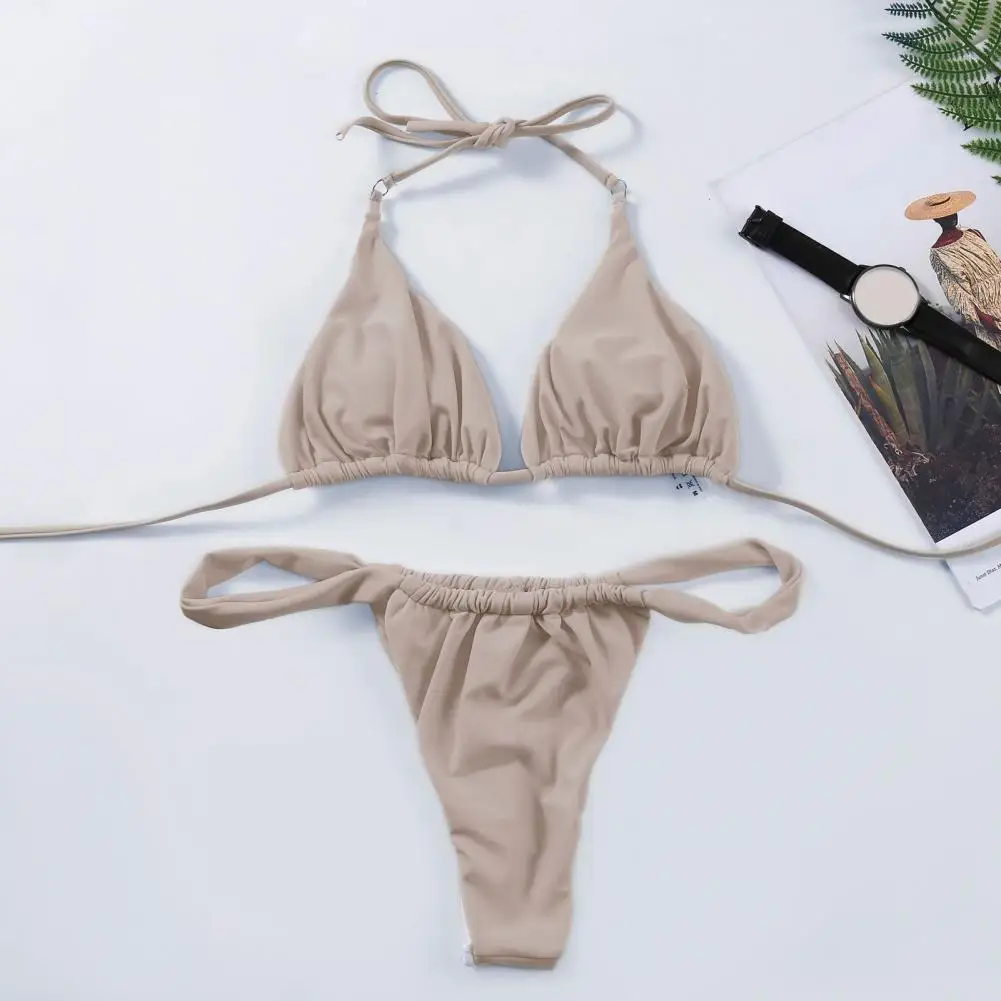 Women Bikini Set Pleated Solid Color Lace Up High Waist Spaghetti Strap Swimming Halter Neck Push Up Bathing Suit Swimwear