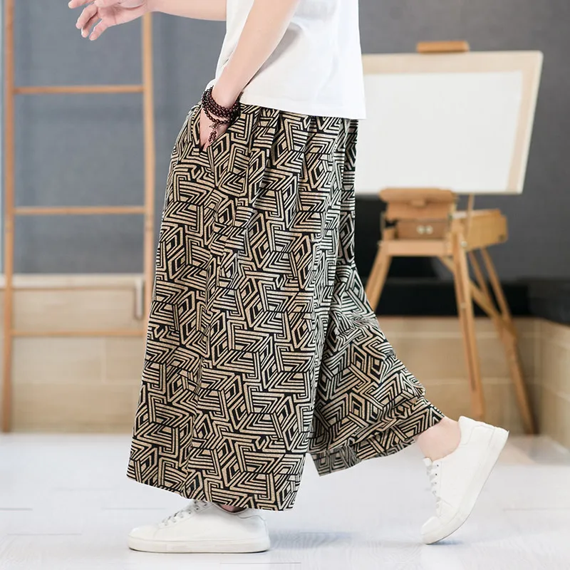 Chinese Style Men's Wide Leg Pants Printed Pattern Loose Oversized Drop-crotch Pants Fit Daily Wear Spring Summer Casual Fashion
