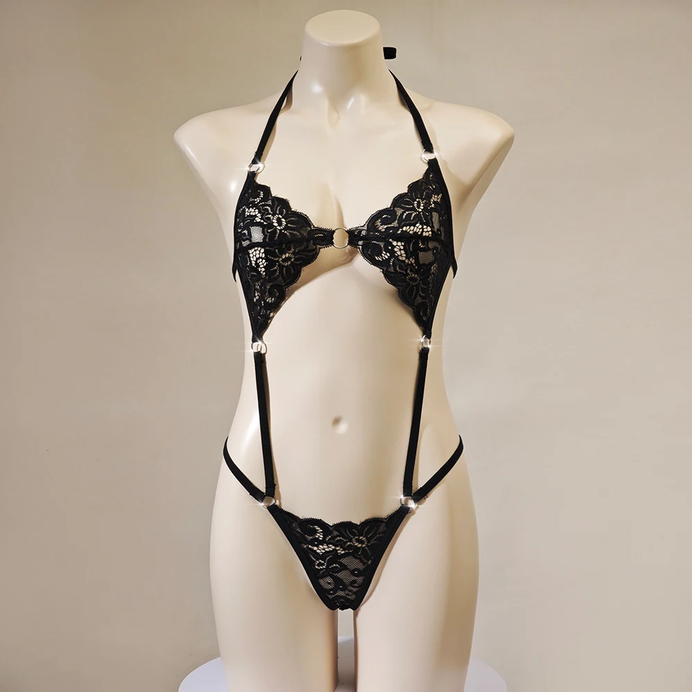 Three Points Lace Tie-string Bikinis Halter Sheer Bandage Bodysuit Soft Breathable High Cut Thong Swimwear Women Teddy Lingerie