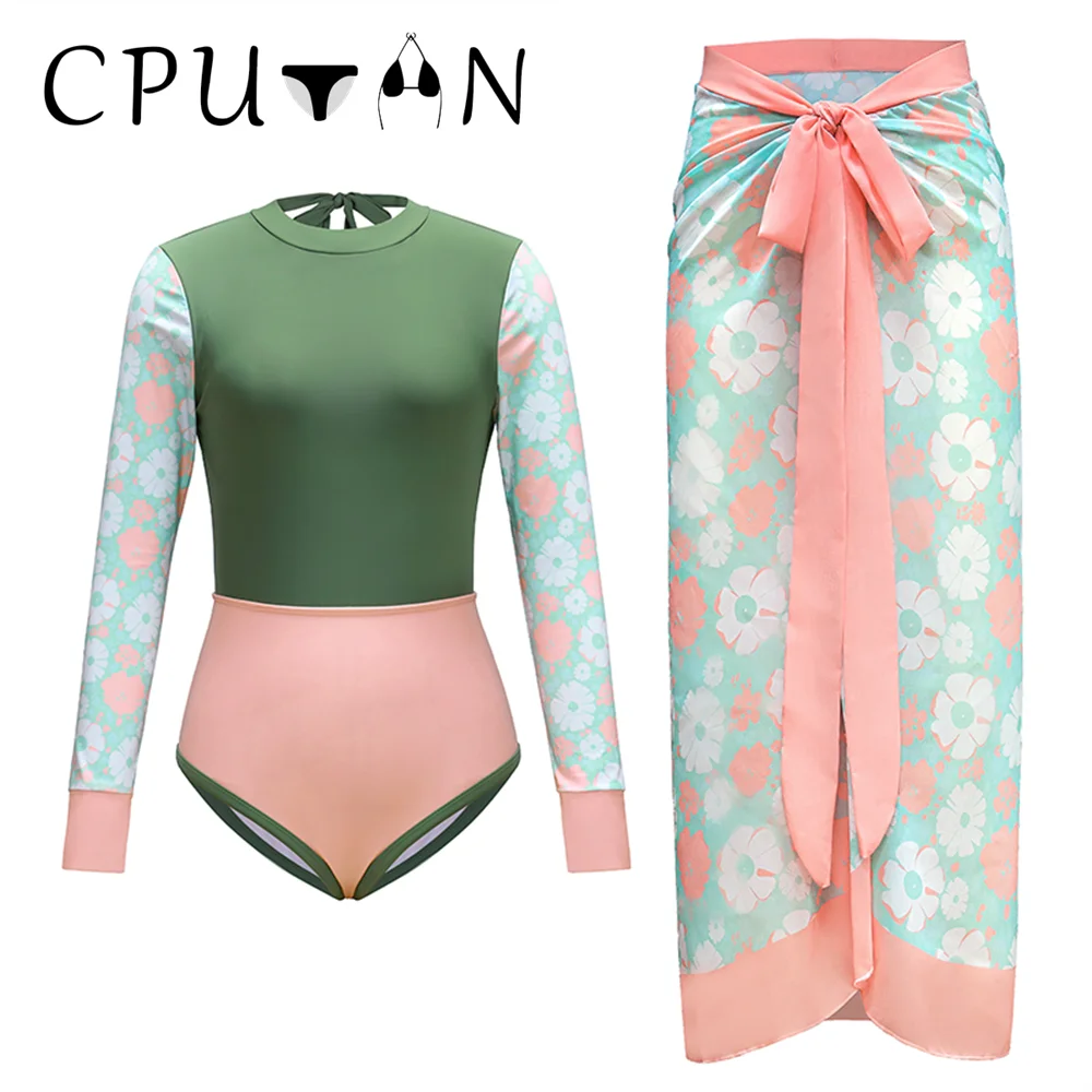 2Pcs Swimsuit With Long Skirt Sexy Women Bikini Push Up Swimwear Backless Biquini Female Bathing Suit Printed Slimming Beachwear