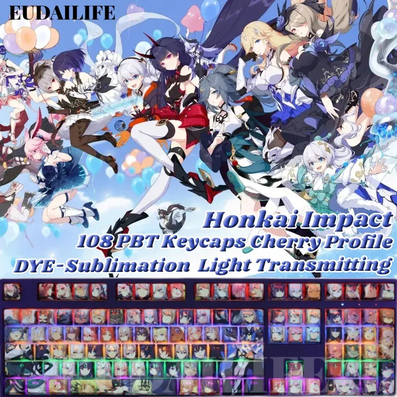 Honkai Impact Charcters 108 Key Caps PBT DYE Sublimation Cherry MX Cross Axis Switch Keycap Mechanical Keyboard Gaming Gift