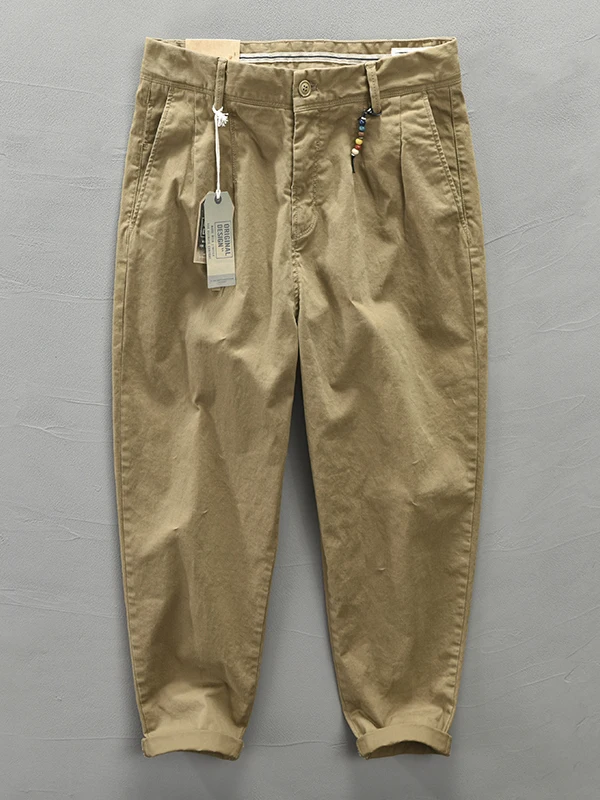 Retro Cotton Casual Pants Men Loose Handsome Slim Fit  Color Kaki Workwear Long Pants Autumn Spring Vintage Style