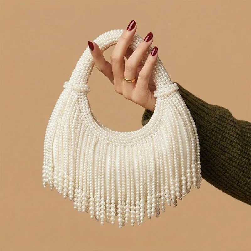 New Luxury Handmade Faux Pearl Beaded Evening Clutch Elegant Party Wedding Handbag for Women Vintage Fringe Detail Shoulder Bag,