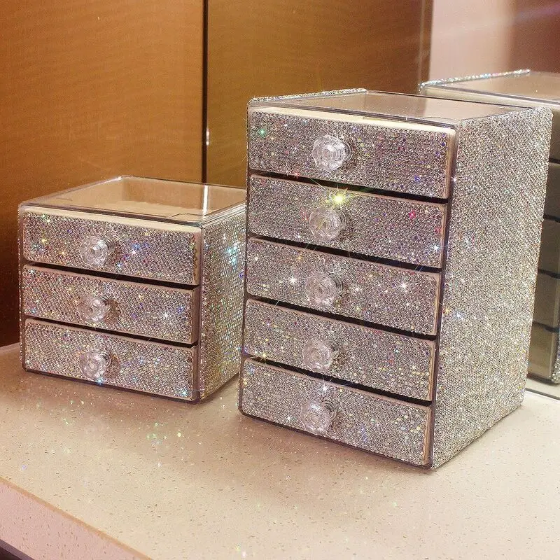 A New High-end Acrylic Desktop Dust-proof Storage Rack And Makeup Storage Box With Diamond-encrusted Drawers