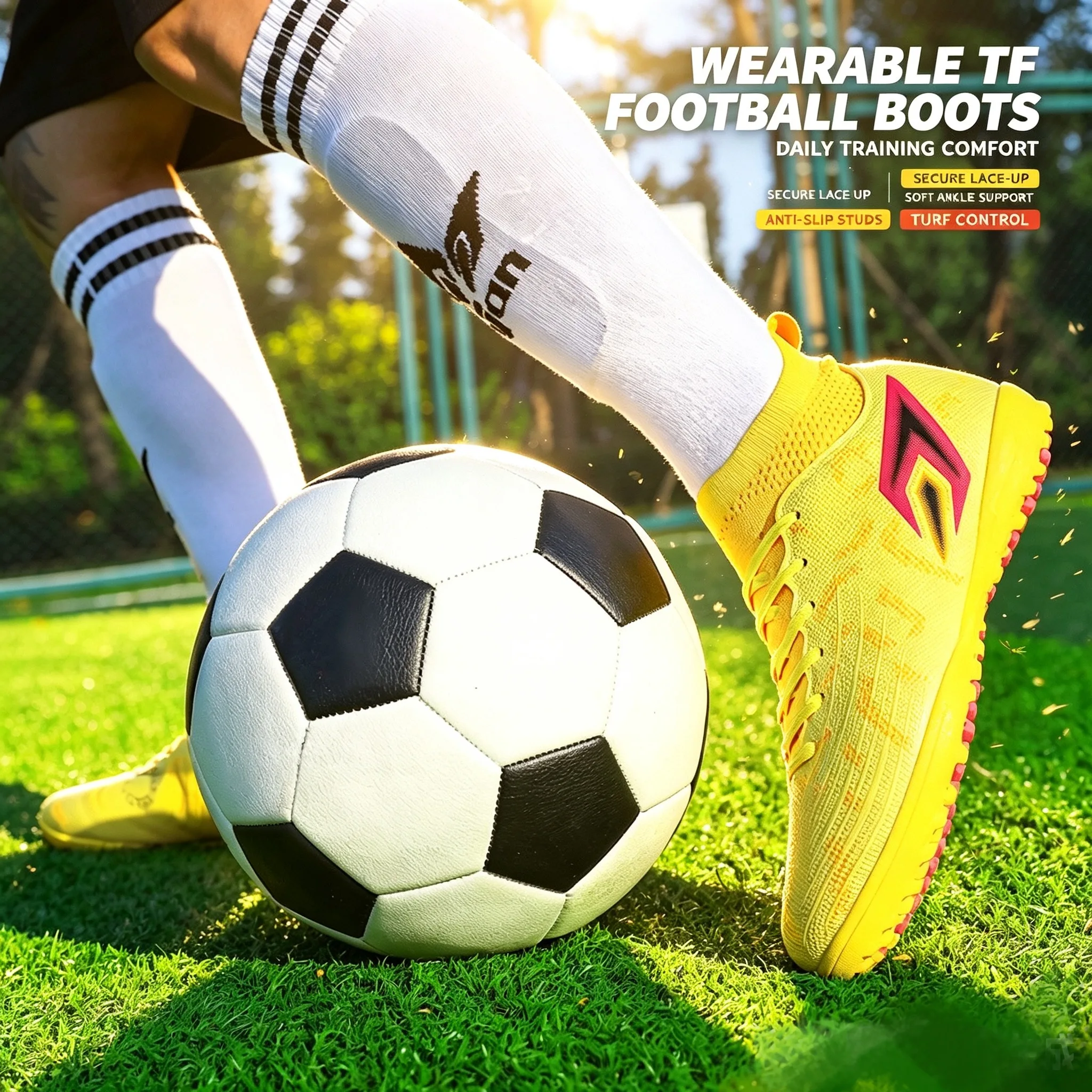 HighTop TF Turf Soccer Cleats, SockStyle Knit Ankle Collar Football Boots, Dense NonSlip TF Turf Studs Outsole, Lightweight B
