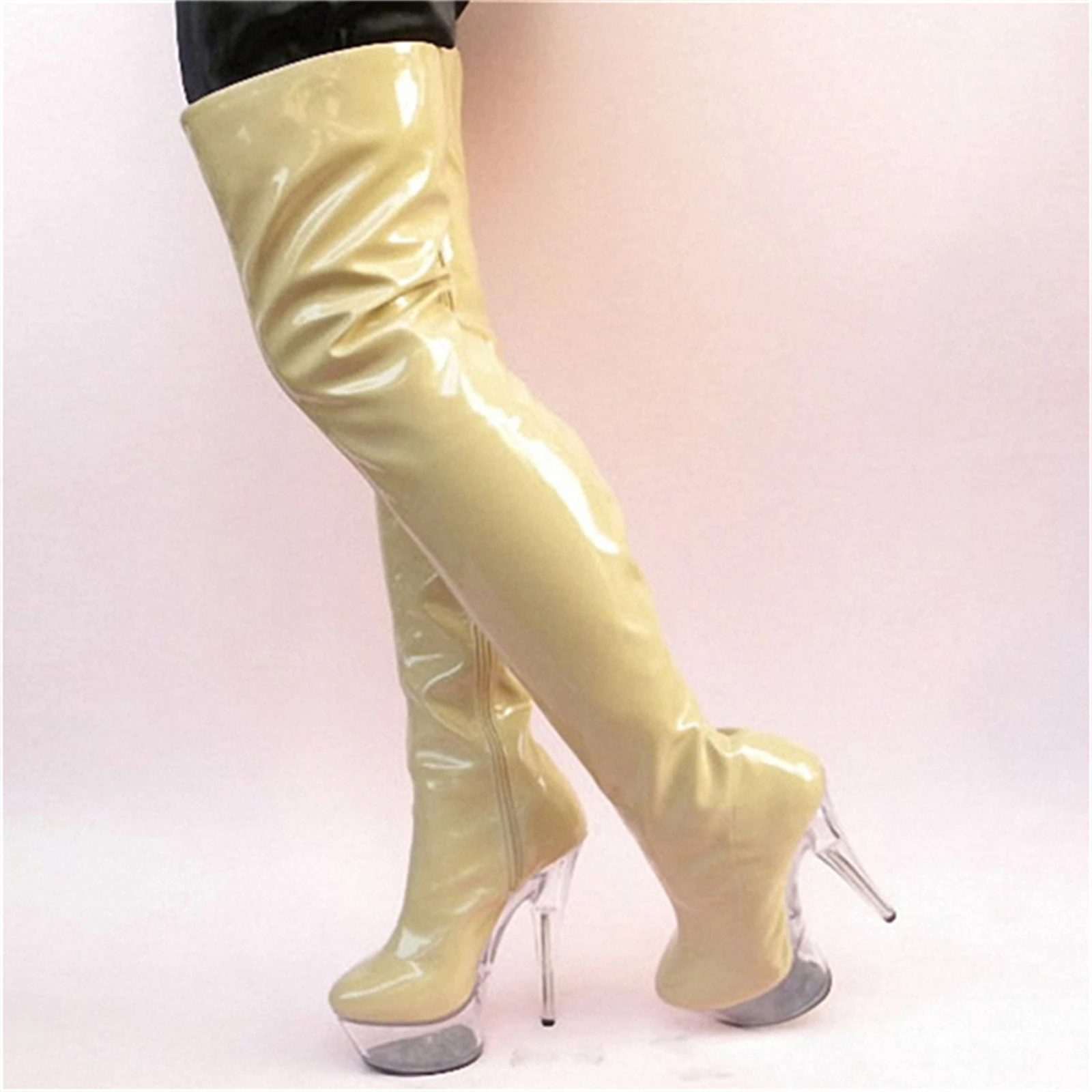 15CM Clear Platform Stiletto Thigh High Boots for Women Glossy Patent Leather Stripper Heels Stage Performance Shoes
