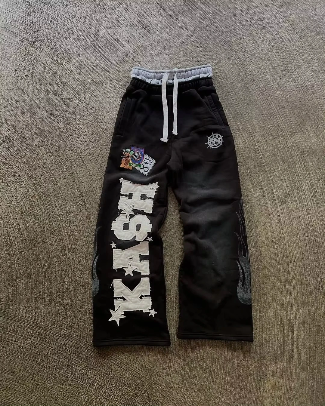 Unisex StraightLeg Pants 3D Patch Letter Star Flame Print Quick Dry Trousers Elastic Waist Drawstring Y2K Street Long Pants