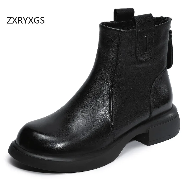 ZXRYXGS British Style Top Layer Cowhide Leather Boots 2026 New Fashion Autumn Winter Boots Mid Heel Comfort Elegant Women Boots