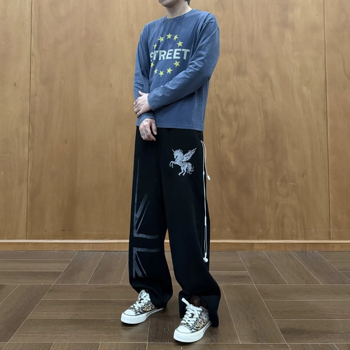 Casual Loose Straight Leg Pants Men's Dark Wide Leg Drapey Long Trousers Fly  Embroidery Comfortable Leisure Trousers