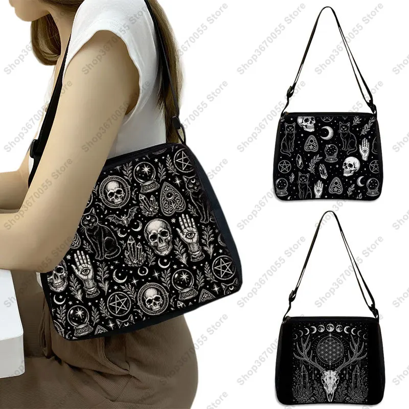 Gothic Skull Black Cat Shoulder Bag Mysterious Witchcraft Women Handbags Death Life Wicca Phone Wallet Storage Bags Casual Totes