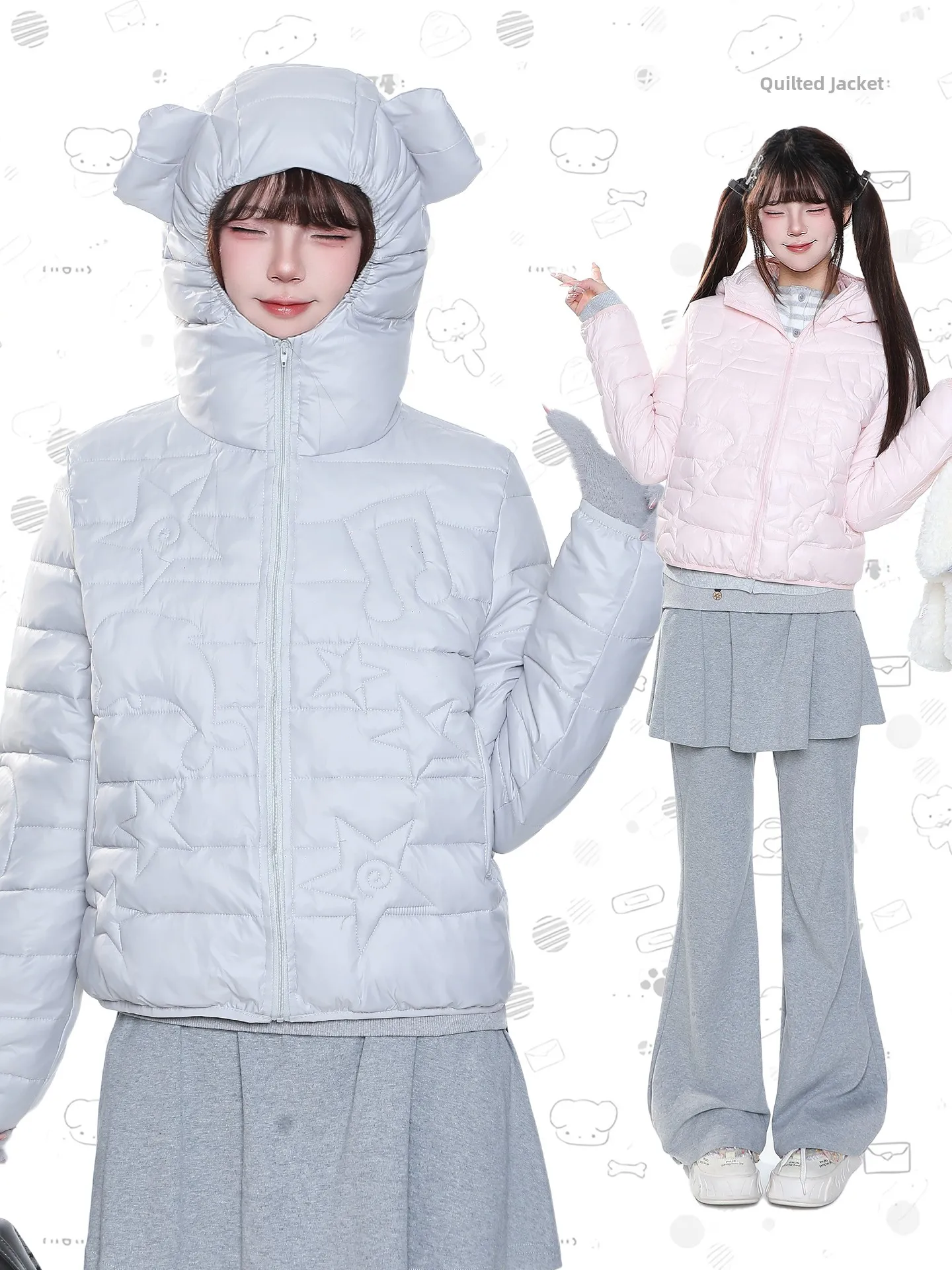 Thickened Winter Cotton Jacket Women's Cute Bear Ear Hooded Short Coat Warm Casual Style Long Sleeve Zipper Closure Side Pocket