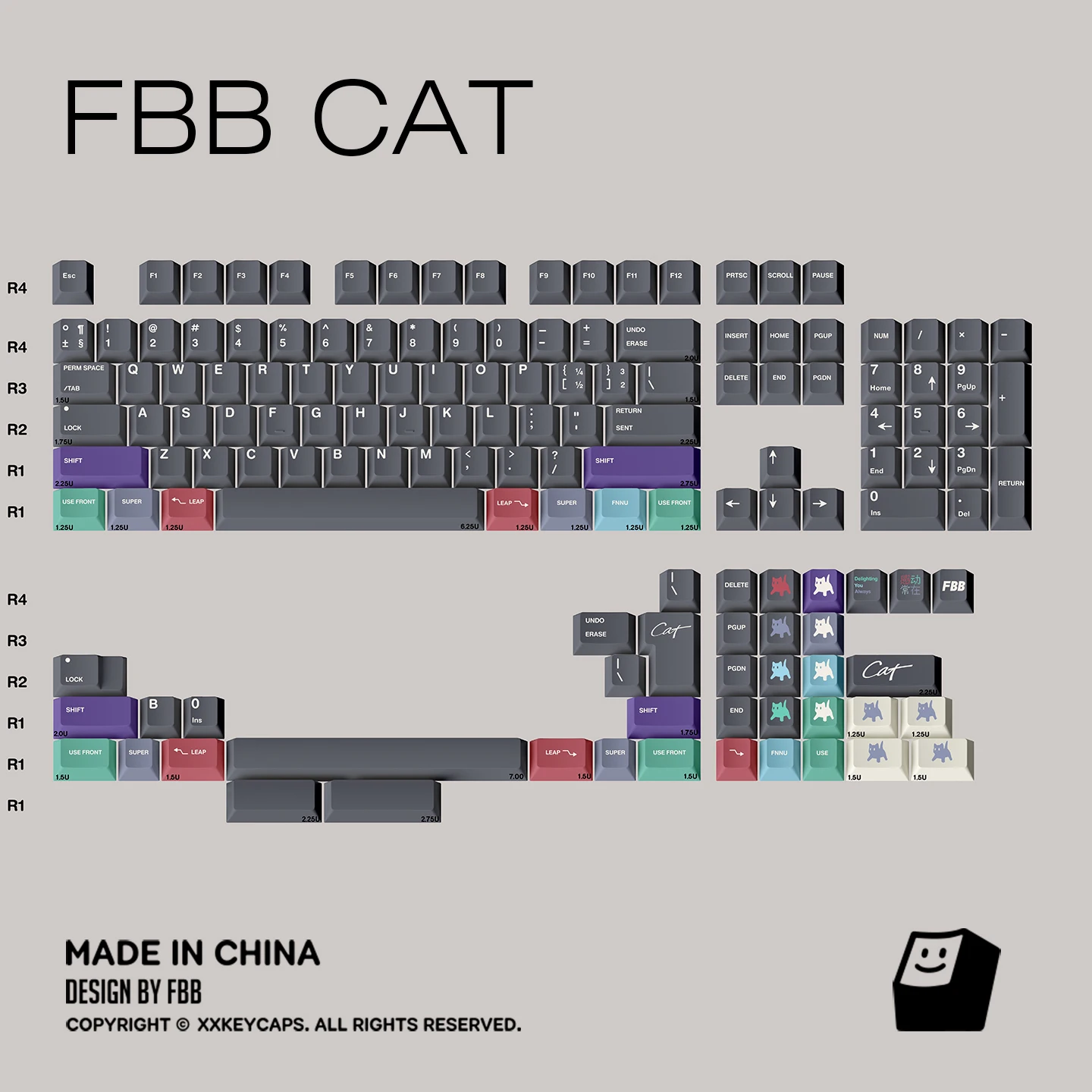 FBB Keycaps Cat Theme PBT DYE-SUB Key Caps Set 1.7mm Thickness for Mechanical Keyboard Cherry Profile Keycap Gray Cute Diy Kit