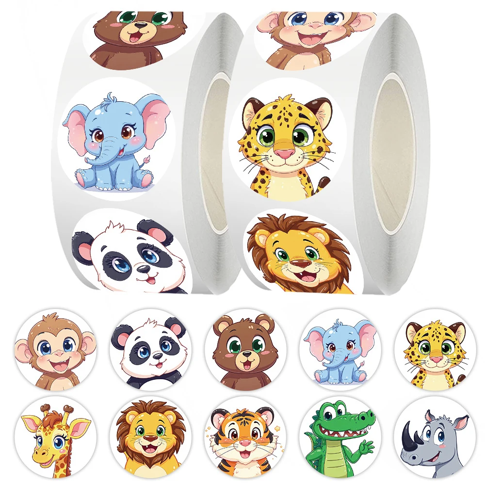 500Pcs/Roll Cartoon Animal Reward Stickers Kawaii Tiger Lion Panda Cartoon Decals Children Reward Sticker Toys Gifts