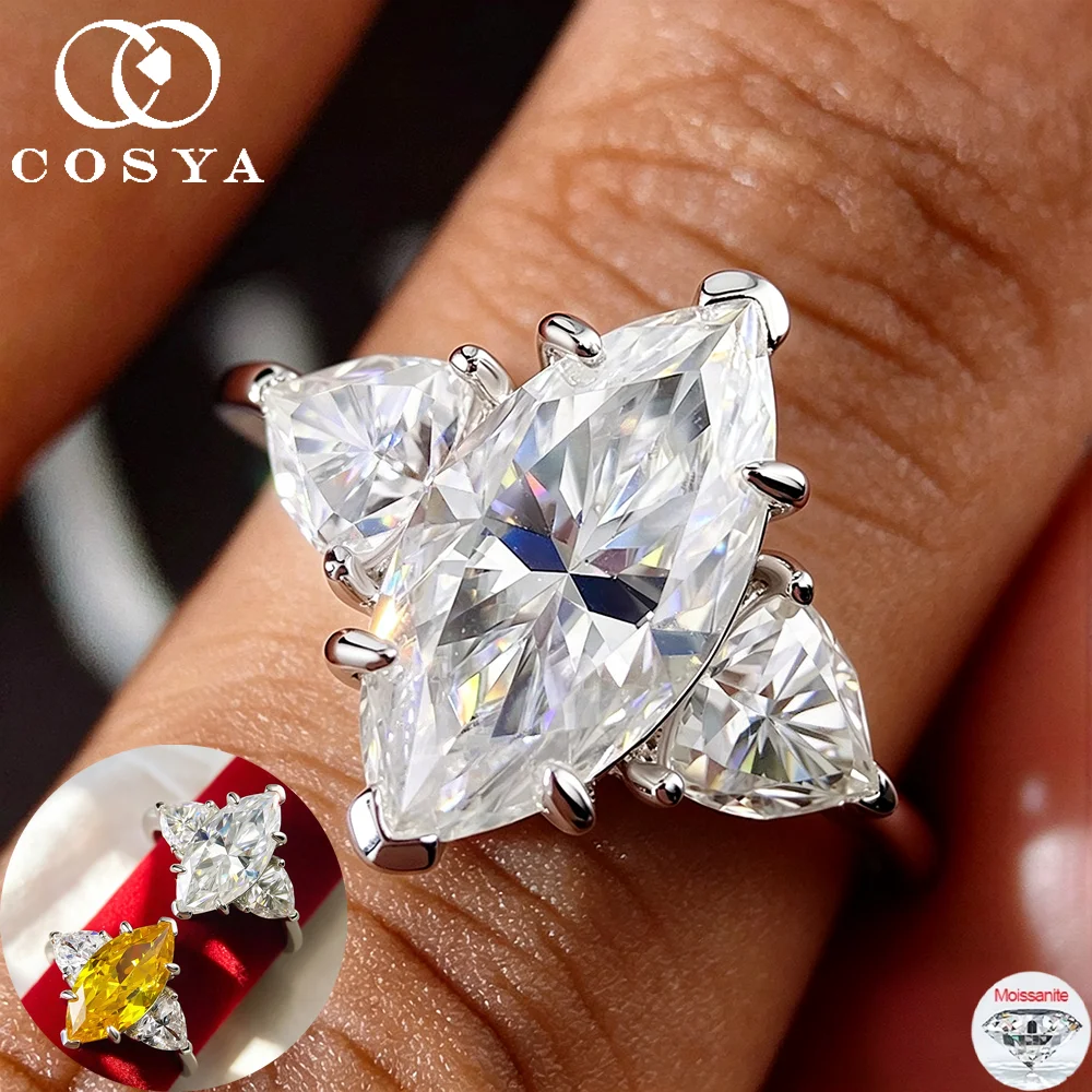 COSYA 3CT 7x14mm Marquise Cut Moissanite Ring for Women 925 Sterling Silver D Color 3 Stone Wedding Band Luxury Fine Jewelry
