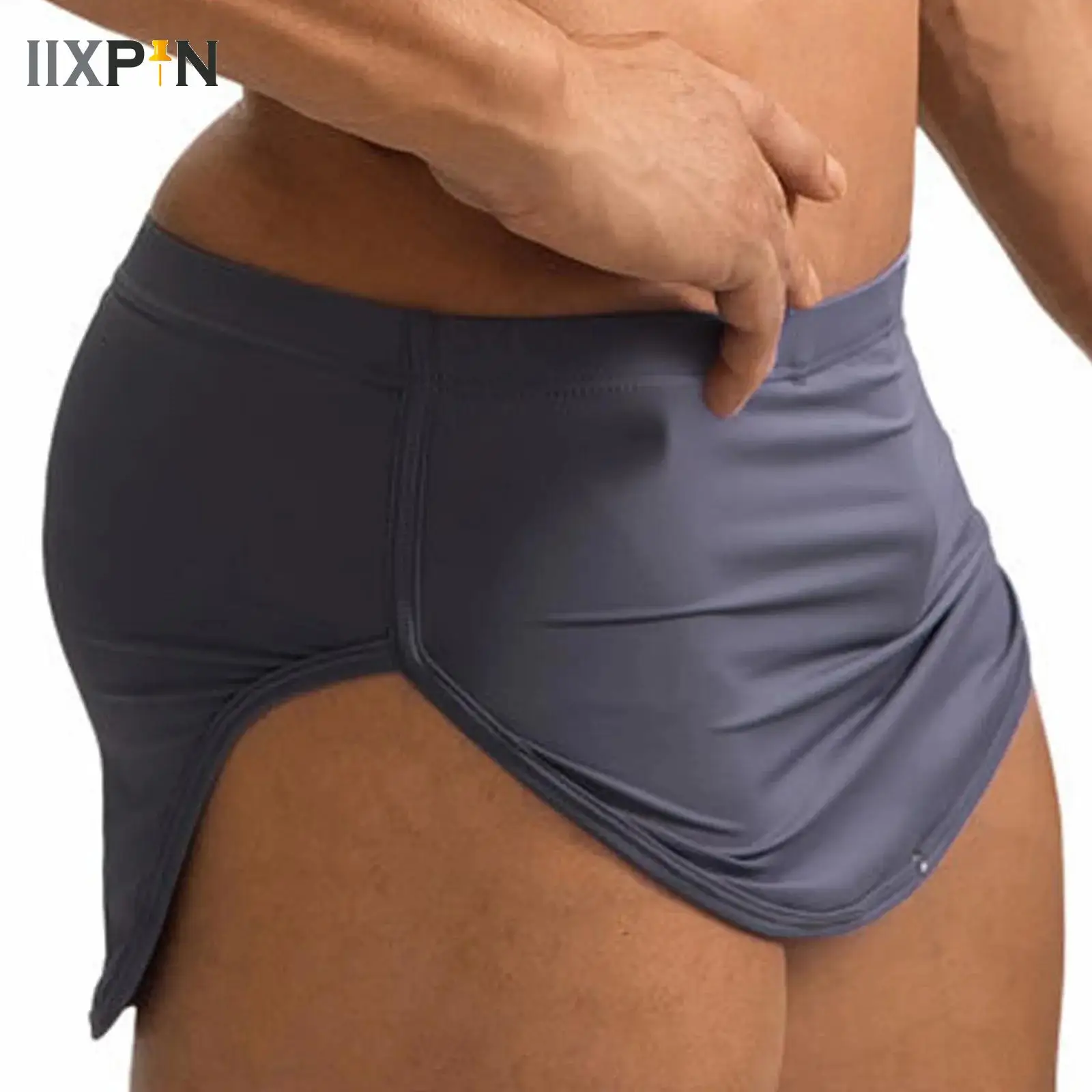 Men Sides Split Press Button Crotch Boxer Briefs Elastic Waistband Quick-Drying Athletic Shorts for Gym Fitness Running Cycling