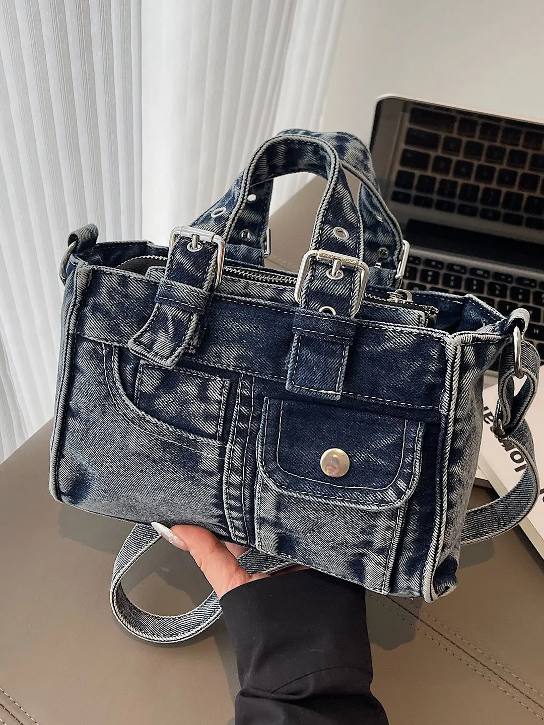 Retro Washed Denim Crossbody Bag Women's Casual Fashion Handbag Commuter Single Shoulder Bag Soft Polyester  Zipper Clo...