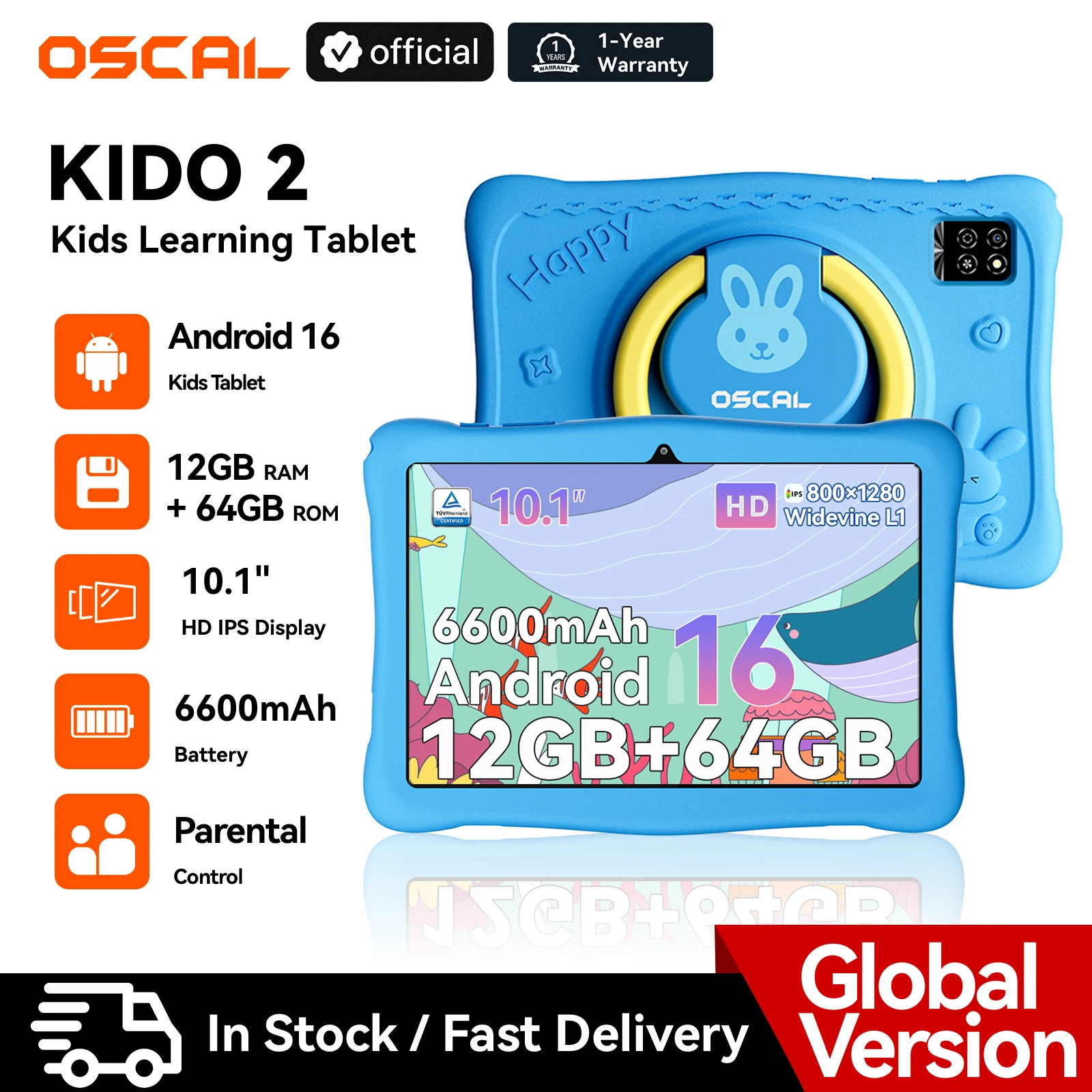 Blackview Oscal KIDO 2 Kids Tablet Android 16 12GB RAM (4GB+8GB) 64GB 10.1" HD IPS 6600mAh WiFi Google Play Android Tablet